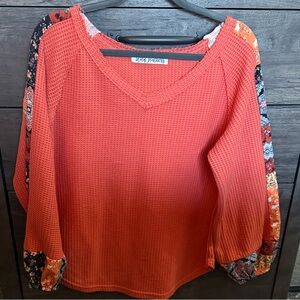 Wild Feathers Orange Waffle Knit Blouse with Patterned Sleeves